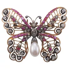 Antique Lab Ruby & Freshwater Pearl Brooch 925 SS Butterfly Design Luxe Jewelry