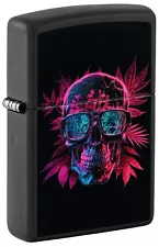 Zippo Lighter: Skull and Weed Leaves with Blacklight - Black Matte 46089