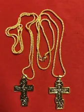 2 RUSSIAN ORTHODOX ICON CROSS Golden With CHAIN 24 inches