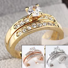 R200 Engagement Wedding Band Anniversary Ring Set 18KGP CZ Rhinestone Sz K1/2 -U