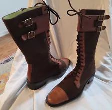 BiTTER BROWN LEATHER CANVAS LACE FRONT CAP TOE BOOTS Womens 39 USA 8