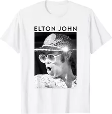 Elton John Black & White Photo Sequin Cap T-Shirt, S-5XL, Made In USA