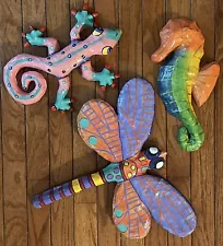 3 Paper Mache Animals Seahorse Butterfly Lizard Colorful Haiti Wall Decor