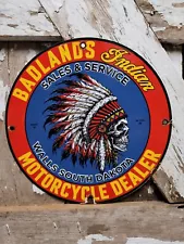 VINTAGE BADLANDS INDIAN MOTORCYCLES PORCELAIN SIGN SALES WALLS SOUTH DAKOTA 12"