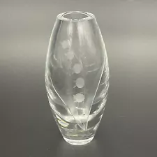 Vintage Johans Fors Sweden Crystal Etched Bud Vase 5" Blueberry Design Swedish