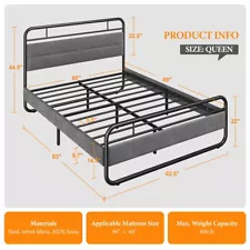 Metal Platform Bed Frame with Upholstered Headboard and 8.7'' Under-bed Storage