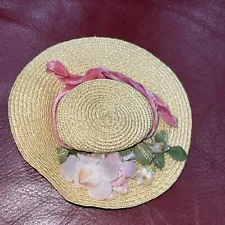 Vintage Doll Straw Hat Bonnet With Flowers