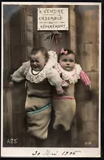 BH143 TWO BABIES for SALE hanging on a POLE Tinted PHOTO pc 1906