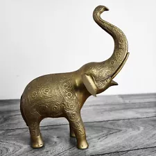 Vintage Brass Elephant Statue Made In Pakistan 11" Trunk Up Etched Flower Deco