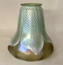 QUEZAL ART GLASS IRIDESCENT GREEN PULLED FEATHER LAMP SHADE....SIGNED!