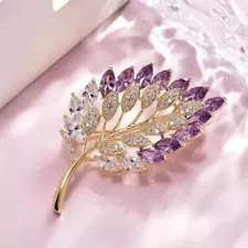 Amethyst Purple Marquise Rhinestone Brooch Pin Gold Tone Leaf Crystal Flower