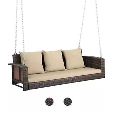 3-Person Outdoor Wicker Hanging Porch Swing with Cushions for Backyard Lawn