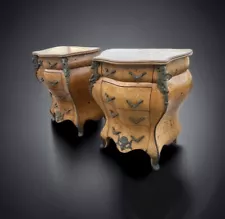 FANTASTIC PAIR OF ITALIAN ROCOCO STYLE BURL PETITE COMMODES