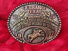 BAREBACK BRONC RODEO CHAMPION TROPHY BUCKLE☆PRO☆LA GRANGE TEXAS☆1977☆RARE☆R75