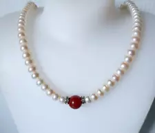 Creamy White Cultured Pearl Necklace Brown Stone Bead Accent Barrel Clasp 17 in