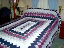 King/Queen Amish Hand Made Courtyard Trip Quilt 96x113