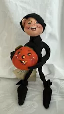 Vintage Halloween Annalee Doll Boy Elf Pixie Black Clothing With Pumpkin