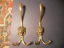 2 BRASS LION Head Hooks Coat Hangars figural sturdy Metal Shiny Wall Porch othr