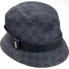 Gucci Bucket Hat GG Monogram Canvas L Size Black Logo Gold Metal Plate Leather