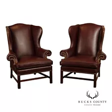 Chippendale Style Pair Of High Back Leather Wing Chairs