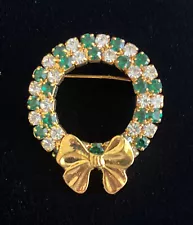 Christmas Wreath Brooch Small Gold Tone Bow With Green And White Rhinestone's