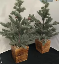 Artificial Pine Trees (Set) in Wood Box 27" Clean Unlit Natural Frost Pre-owned