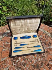 Vintage Dressing Table Set, Glass, Gold Gilt Colour Metal blue Guilloche Enamel.