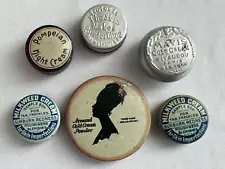 LOT OF 6 ANTIQUE MINI SAMPLE FACE CREAM TINS MAVIS MILKWEED POMPEIAN