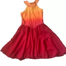 Ombré Med Ice Skating Costume Dance Dress Oranges/ Red Rhinestones Mesh Tricot