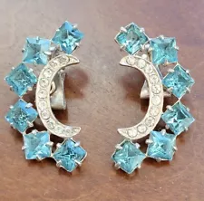 Vtg Silvertone Blue Clear Rhinestones Half Moon Clip-on Earrings 1.375" x 0.625"