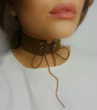 Brown Wide Soft Suede Style Lace Up Corset Choker Collar -Fashion Statement Goth