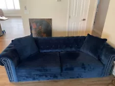 Lightly Used Blue Velvet Rolled Arm Couch Sofa from Wayfair