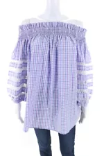 MI Golondrina Womens Purple Blue Plaid Off Shoulder Long Sleeve Blouse Top SizeM