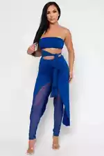 Royal Blue Strapless Jumpsuit Size Large Cut Out Tie Accent Summer Travel