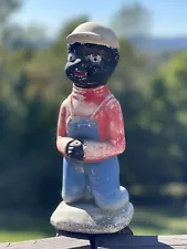 Vintage Americana Plaster Statue Sitting Fishing Boy With Pipe 9.5”