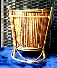 Vintage Bamboo Wicker Planter Plant Pot Bamboo Wood Slat Floor 10.5" Across