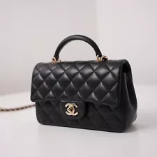 Chanel Mini Rectangular Classic Flap Bag with Top Handle in Black Lambskin