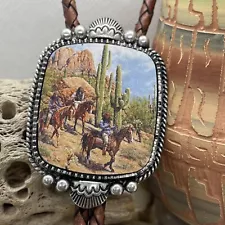 Silver Indians On Horse Cactus Picture leather Bolo Tie Wedding Rustic Western