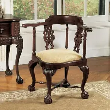 KING CHARLES MAHOGANY CARVED BALL & CLAW FEET SUCLPTED CORNER CHAIR REPRODUCTIO