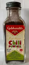 Vintage 3oz GEBHARDT EAGLE BRAND Chili Powder Embossed Jar Original Label w/ Lid