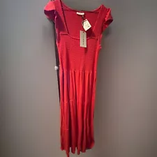 Lucky Brand Womens Maxi Dress Large Tiered Smocked Ruffle Sleeves Red Sale