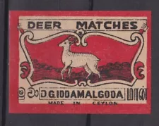 Old matchbox label Ceylon, Deer Matches D.G Iddamalgoda 4.4x3.0cm