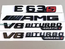 GLOSS BLACK FOR MERCEDES E CLASS E63S AMG REAR BOOT BADGES & V8 BITURBO EMBLEMS