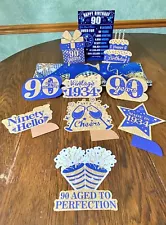 90th Birthday Decorations for Men Women Blue and Gold- Banner, table decorations