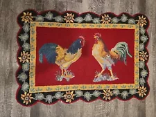 Vintage Folk Art Chickens Hen Rooster Hand hooked Wool Rug Country Kitchen 35x22