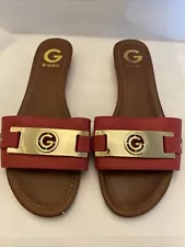 G by GUESS Womens Jeena2 Slip-on Red Gold Logo Sandals Slides Flats Shoes -Sz 9M