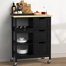 3-Tier Kitchen Island Trolley Cart Storage Cabinet with 3 Drawers & Open Shelves