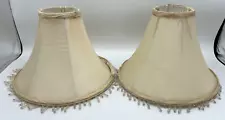 Vintage Pair of Lamp Shades Beige with Clear Bead Fringe FOR PARTS OR REPAIR