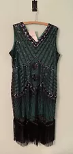 Babeyond Women Dress SZ 3XL Green V Neck Beaded Fringed 1920s Great Gatsby Party