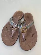 Gucci GG Web Stripe Thong Sandals EU 36.5 US 6.5 Tan Blue Flat Flip Flop Slides